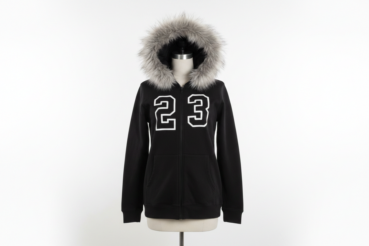 Black Hoodie With Grey Faux Fur