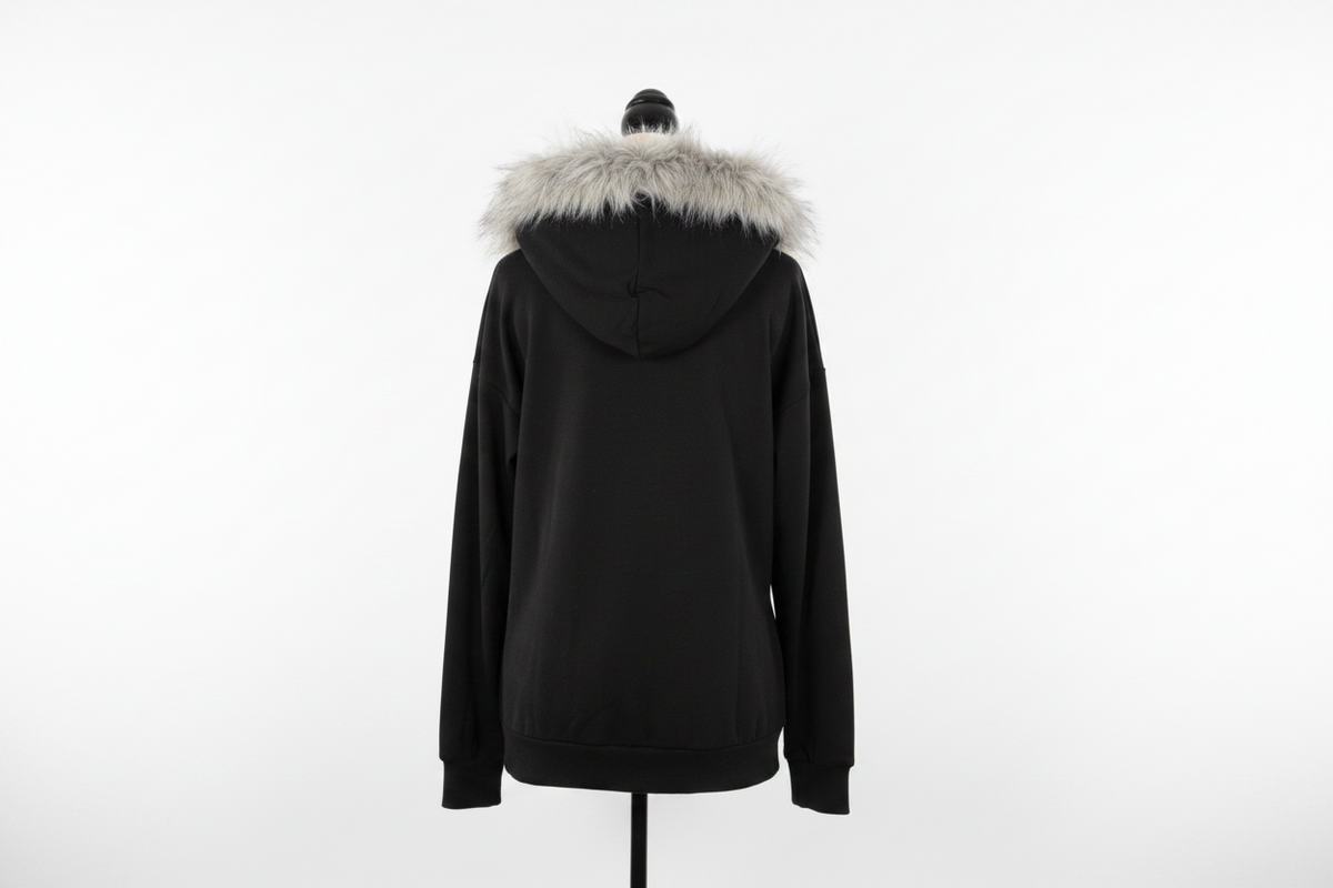 Black Hoodie With Grey Faux Fur